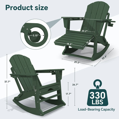 KINGYES Folding Adirondack Rocker Chair Set of 2 W/ Footrest & Dual Cup Holders, HDPE Outdoor Patio Rocking Chair, Black
