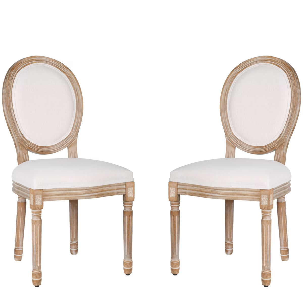 French Dining Chairs Set of 2 Beige Natural Fabric Round Back with Solid Wood Legs and Frame for Bedroom Dining Room Kitchen