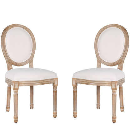 French Dining Chairs Set of 2 Beige Natural Fabric Round Back with Solid Wood Legs and Frame for Bedroom Dining Room Kitchen