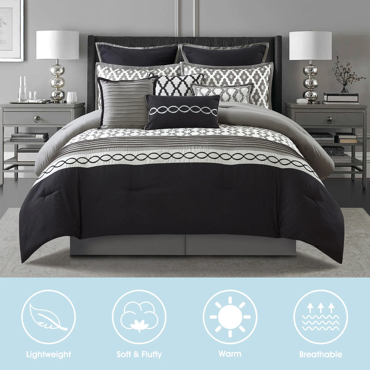 LANCO MODERN LIFESTYLE King Size Comforter Set, Burgundy, 10 Piece Bed in a Bag for All Seasons, Luxury Extreme Comfort Bedding Sets with Bedskirt, Pillow Shams, Euro Shams and Decor Pillows