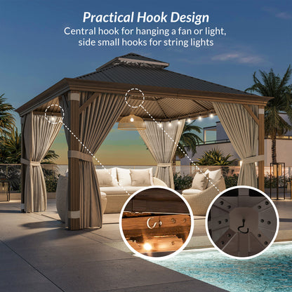 BELLEZE 12 x 16ft Hardtop Gazebo, Widen Pole Outdoor Canopy, Aluminium Frame Galvanized Steel Double Roof Waterproof Gazebo Tent with Nettings and Curtains for Patio, Backyard, Deck, Lawns, Garden