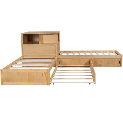 Euroco Pine Wood L-Shaped Twin Platform Bed with Storage Desk, Cabinets, Trundle and LED Light for Kids Teens, Gray