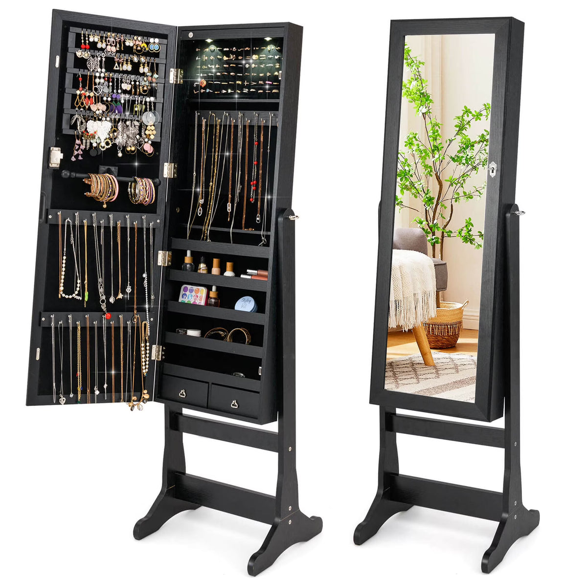 Costway Contemporary MDF Jewelry Cabinet with LED Lights in Brown