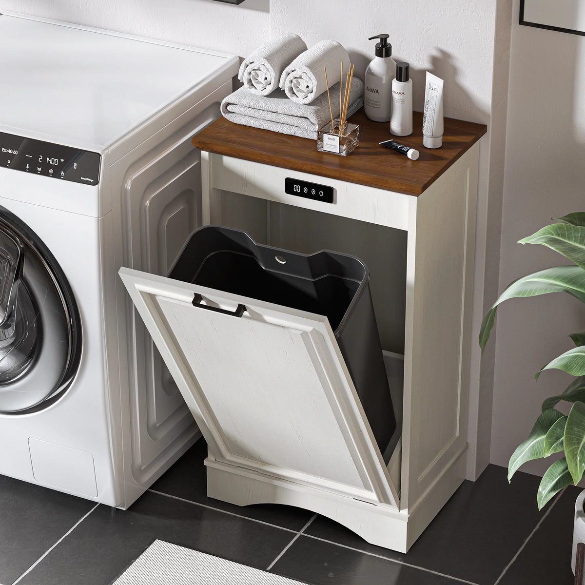 HARIPUL Single Tilt Out Trash Cabinet for 13 Gallon Waste Bin, Free Standing Kitchen Trash Can Cabinet with Drawers, White