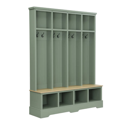 Euroco Farmhouse 59"W Wide Hall Tree with 8 Hooks, Practical Entryway Bench with Open Compartments, 76.7"H Modern 3-in-1 Wooden Style Coat and Shoe Rack for Mudroom, Living Room, Green