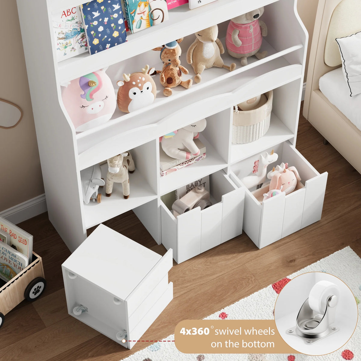 Homfa 55.5�� H Kids Bookshelf with 2-Tier Book Shelves, Children Toy Organizer with 3 Cubes and Removable Drawers, White