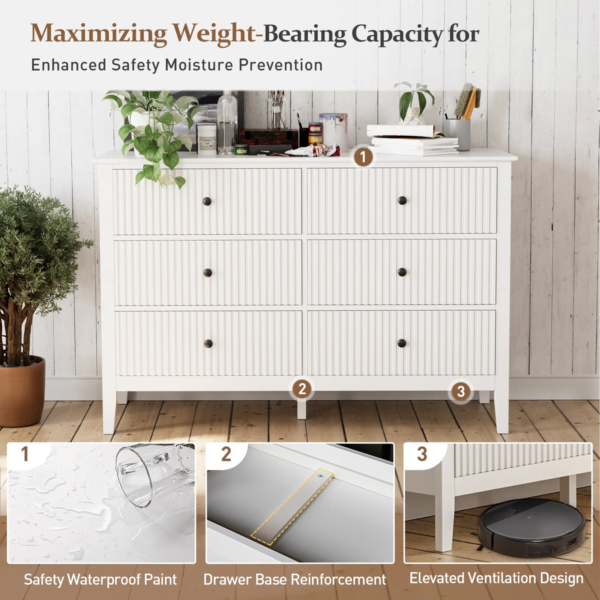 May Color Large White 3 Drawer Dresser Set of 2 with Fluted Panel, Modern Chest of Drawers with Silent Slide Drawers, Wood Accent Nightstand with Storage for Bedroom Living Room, Hallway