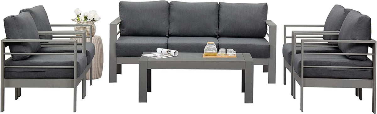 Superjoe Patio Furniture Aluminum Sofa All-Weather Outdoor 3 Seats Couch Gray Metal Chair with Dark Grey Cushions