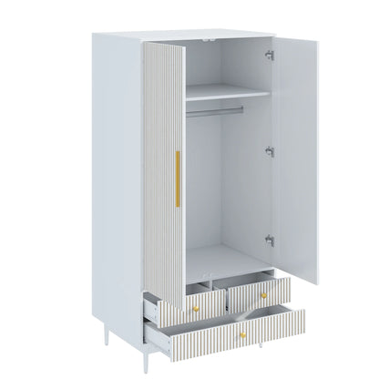 Oubayajia Wardrobe Armoire Closet, 2 Fluted Doors Wardrobe Cabinet with 3-Drawer and Hanging Rod, Wood Wardrobe Storage for Bedroom