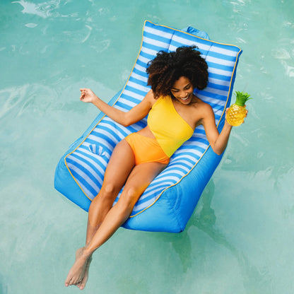 Big Joe Captain's Float No Inflation Needed Pool Lounger with Drink Holder, Tropical Hibiscus Aqua Double Sided Mesh, Quick Draining Fabric, 3 feet