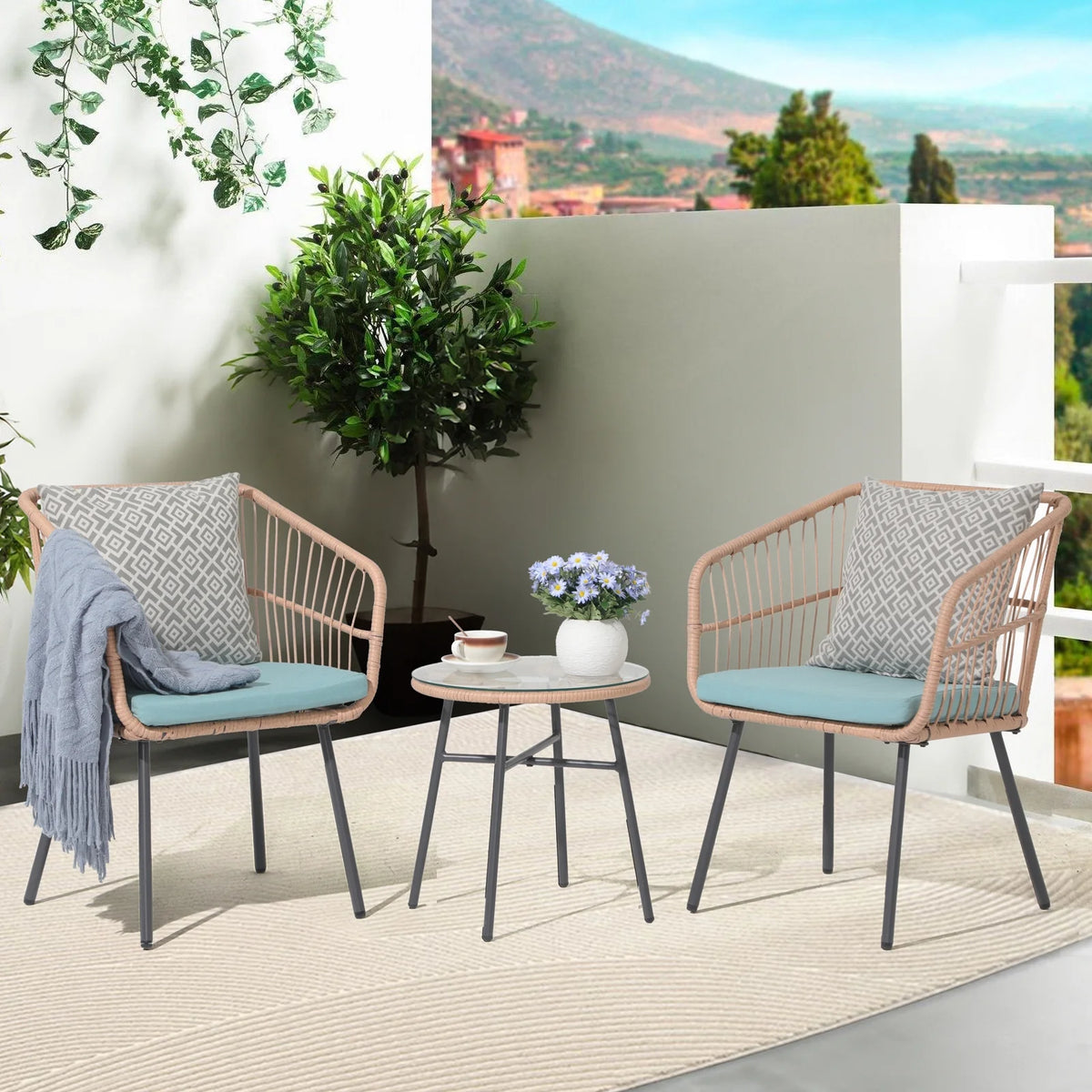 Patio Furniture Set, Betcozy3 Pieces Outdoor Chairs Set with Glass Coffee Table for Garden, Bistro, Porch, Balcony, Backyard
