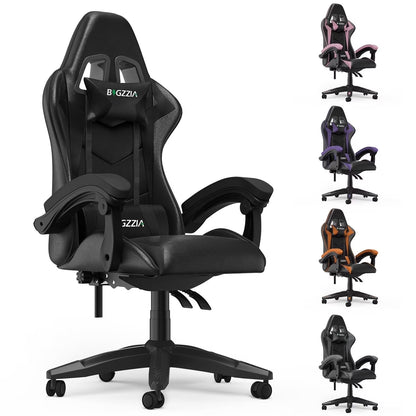 Bigzzia Gaming Chair Office Chair, Ergonomic Game Chair with Height Adjustable Headrest and Lumbar Support for Adults Teens, Black & White