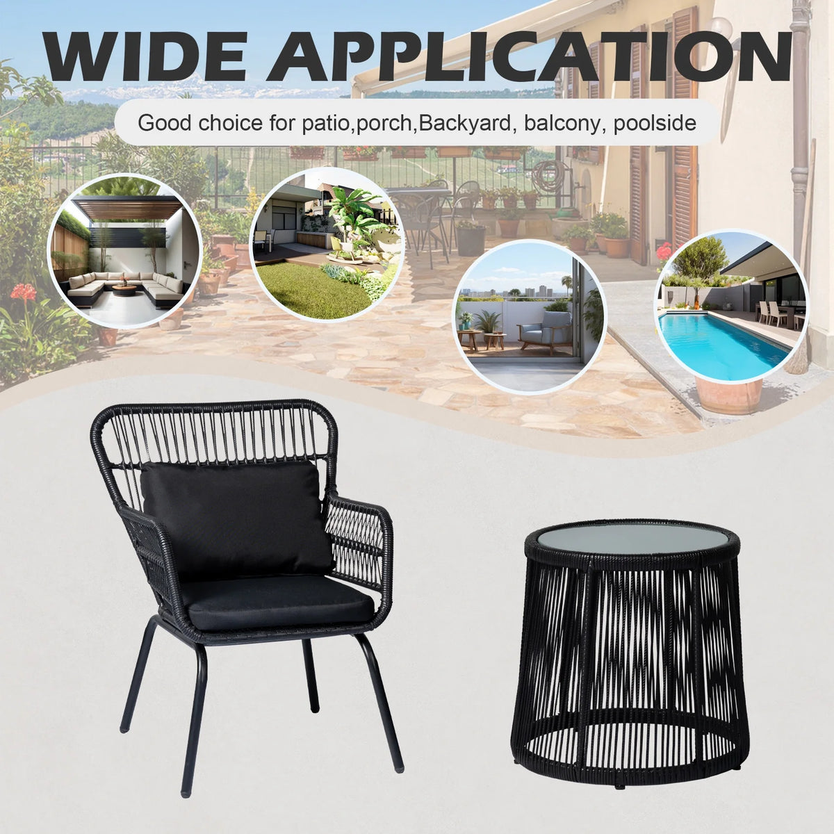 Tappio 3-Piece Patio Conversation Bistro Set Rattan Furniture, Outdoor Patio Set w/Glass Top Table & Cushions for Garden Balcony Backyard Poolside, Yellow/Beige