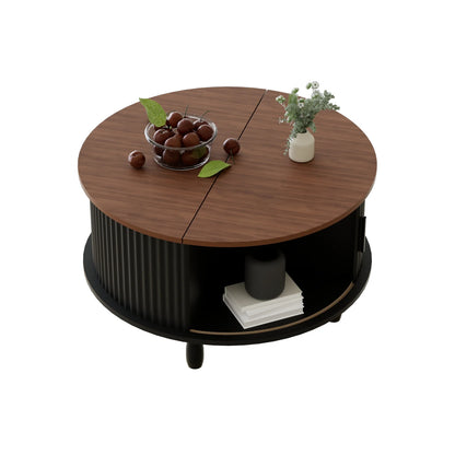RUMLIVE Round Coffee Table with Storage, 30.7" Modern Coffee Table with 360�� Curved Sliding Door, Fluted Wood Coffee Table with Footpads, Round Center Table for Living Room, Black