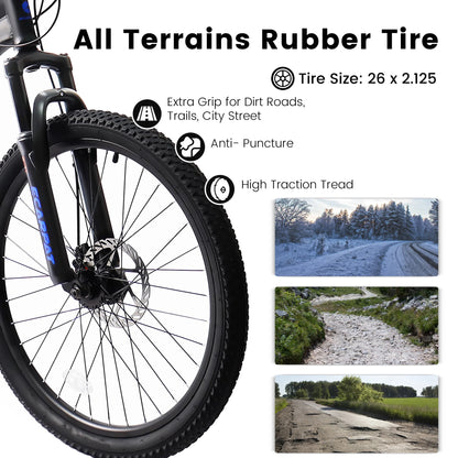 26 Inch Mountain Bike - 21-Speed with Disc Brakes, Durable Frame, Front & Rear Dual-Shock Absorption, Unisex for Commuting, Travel, School & All-Terrain Cycling