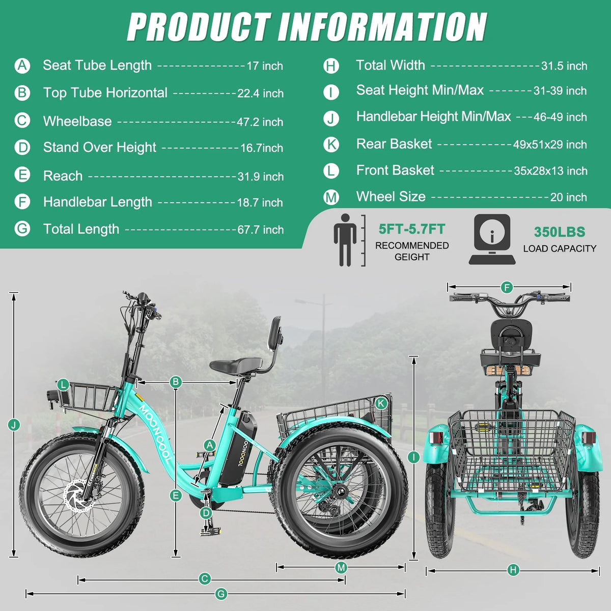20" x 4" Fat Tire Electric Tricycle for Adult, 7 Speeds Electric Trike 48V 500W Motorized Tricycle , Electric Three Wheels Bicycle for Senior, Aluminum Frame & Rear Basket ,16mph