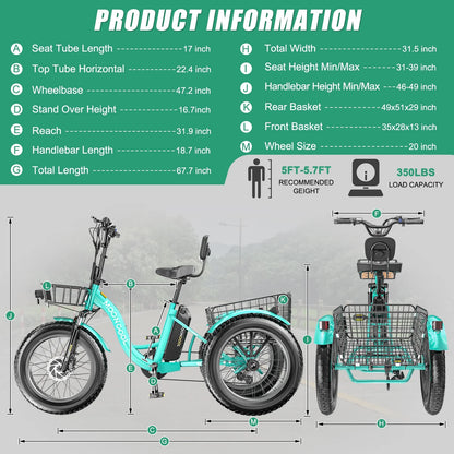 20" x 4" Fat Tire Electric Tricycle for Adult, 7 Speeds Electric Trike 48V 500W Motorized Tricycle , Electric Three Wheels Bicycle for Senior, Aluminum Frame & Rear Basket ,16mph