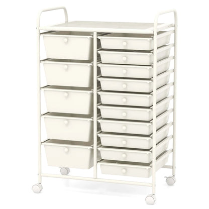 Costway 15 Drawer Rolling Storage Cart Tools Scrapbook Paper Office School Organizer White