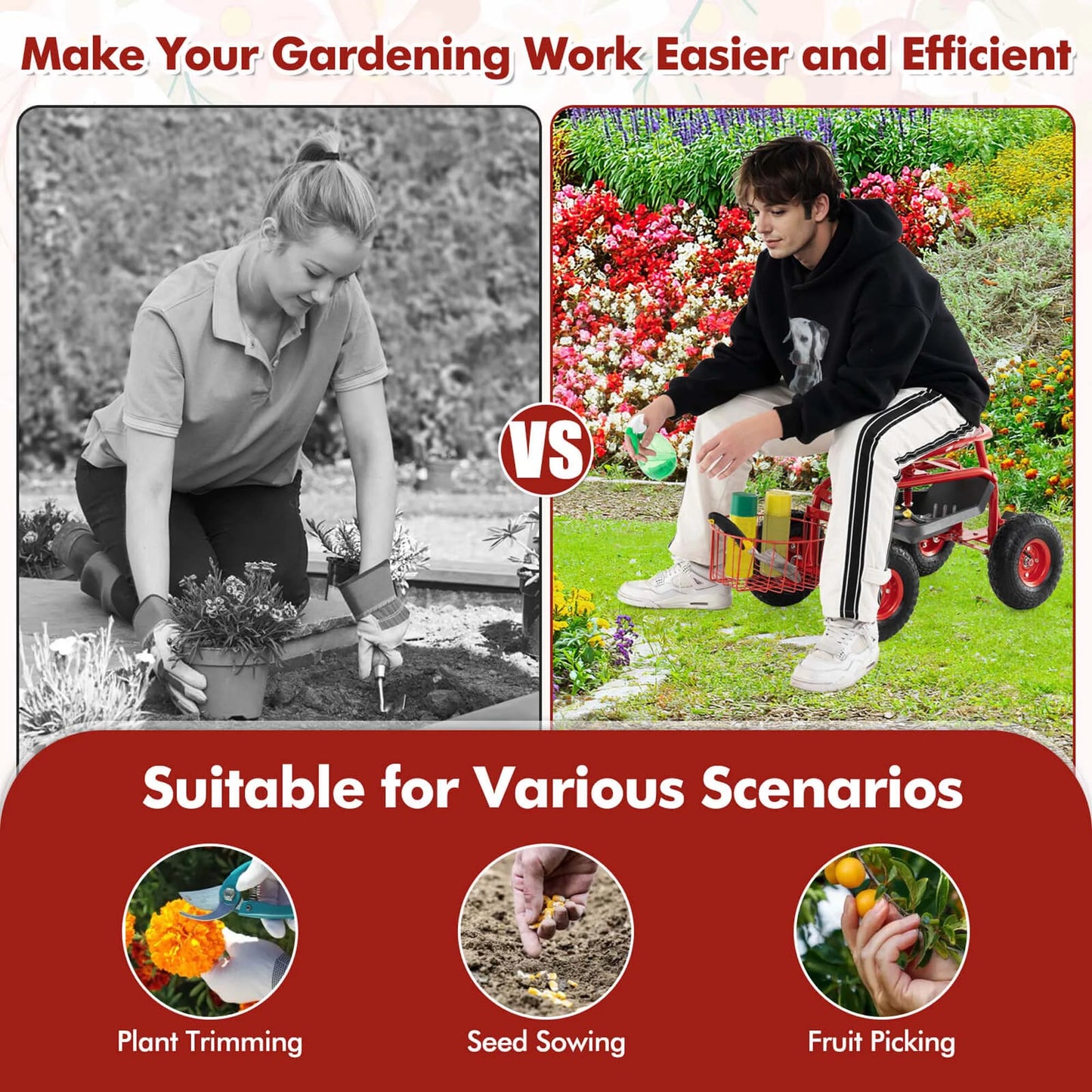 Costway Garden Cart Rolling Work Seat for Planting with Extendable Handle Green