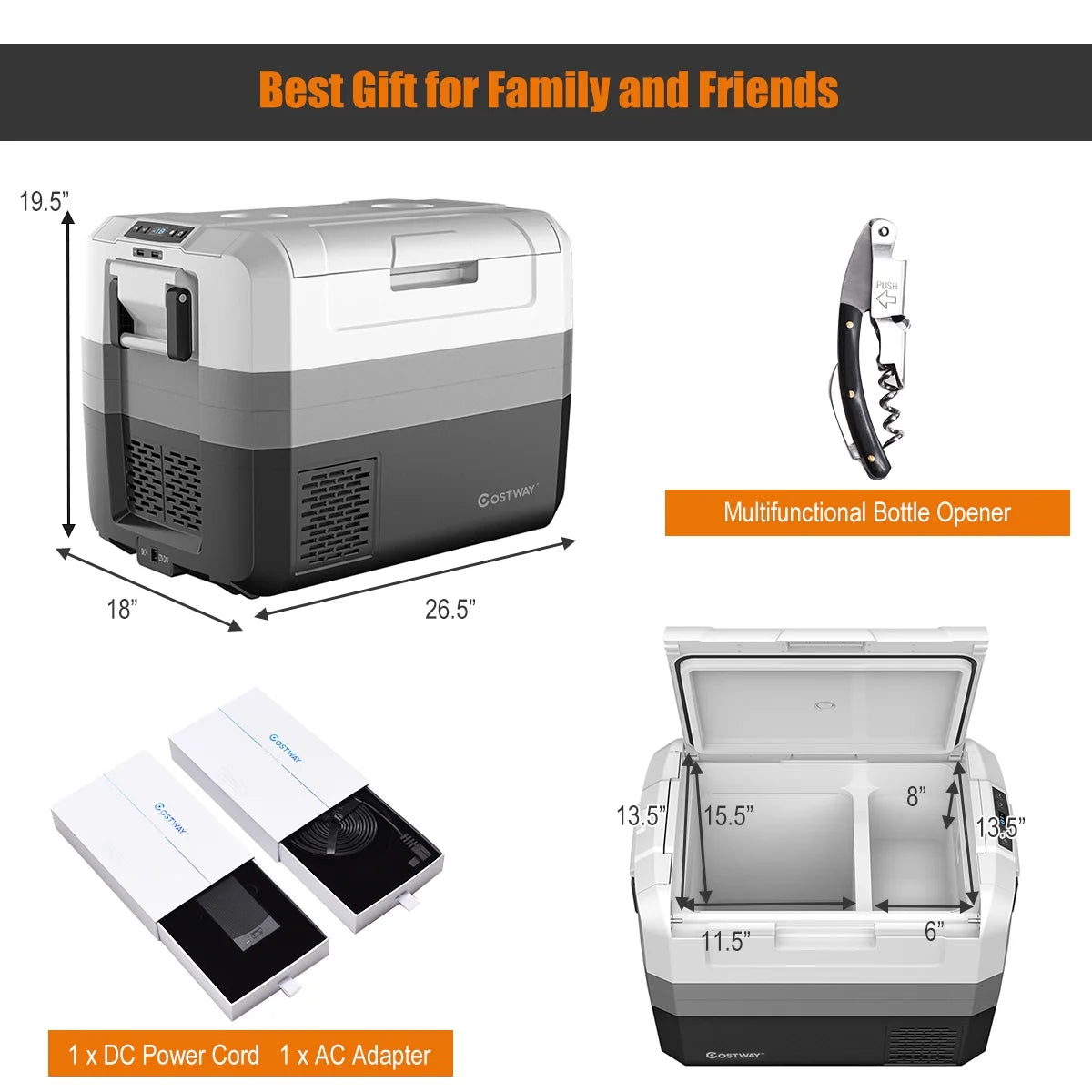 Costway 58 Quart Portable Electric Car Cooler Refrigerator Compressor Freezer for RVs Camping