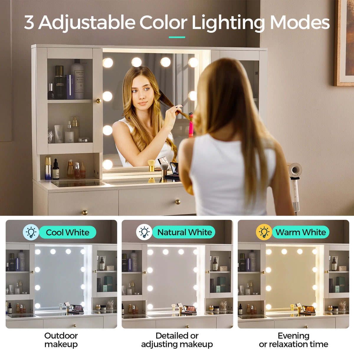 Linsy Home Large 47.2" Makeup Vanity With Mirror And 11 Lights, Glass Top Vanity Desk with 9 Drawers & 2 Adjustable Cabinets, Dressing Table with Charging Station & Hair Dryer Rack For Bedroom, White