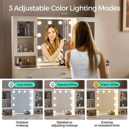 Linsy Home Large 47.2" Makeup Vanity With Mirror And 11 Lights, Glass Top Vanity Desk with 9 Drawers & 2 Adjustable Cabinets, Dressing Table with Charging Station & Hair Dryer Rack For Bedroom, White