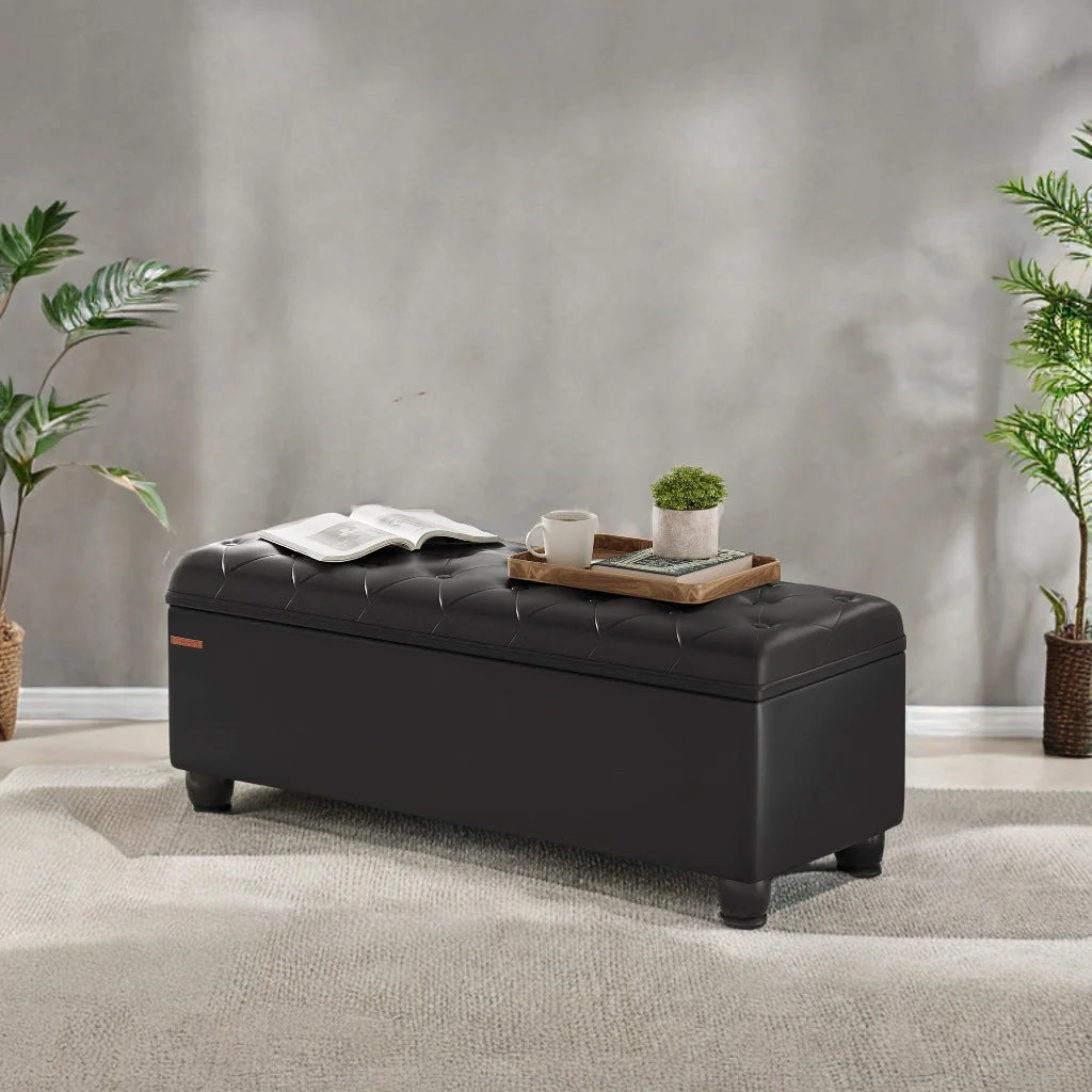 SONGMICS 46.5" Storage Ottoman Bench Storage Bench Bedroom Bench 330lb Load Capacity Solid Wood Legs Light Gray