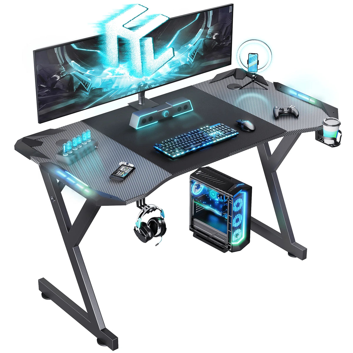 HLDIRECT 47 Inch Gaming Desk with LED Lights, Ergonomic Computer Gaming Table with Carbon Fibre Surface, Sturdy PC Workstation Desk for Gaming and Home Office with Headphone Hook, Cup Holder, Black