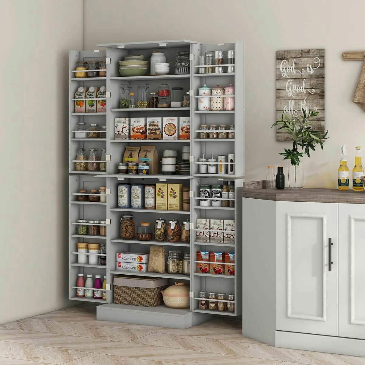 Spaco 17-Tier Kitchen Small Pantry Cabinet with 2 Doors and 6 Adjustable Shelves, Cabinet Pantry, Freestanding 5-Tier Shelving Pantries for Kitchen Storage, Gray