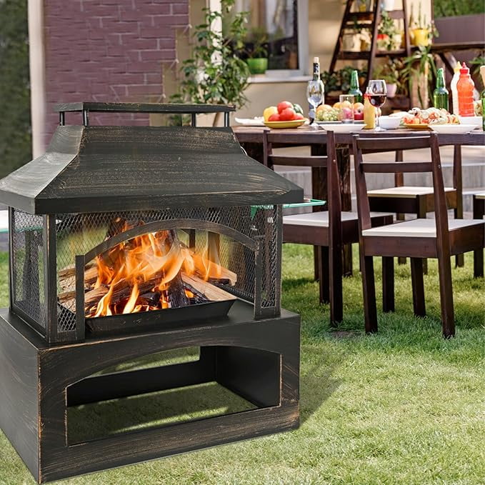 Large Outdoor Wood Burning Fireplace, house shape Outdoor Log Burner Fire Pit with Log Grate and Poker, 37" x 32" x 18" Large Metal Firepit for Patio Garden Backyard, Black