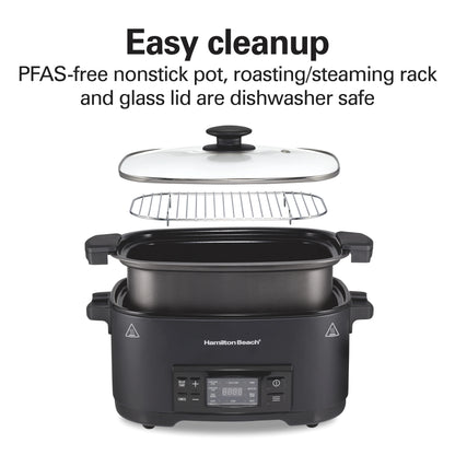 Hamilton Beach 9-in-1 Multi Cooker, 6 Qt Searing Slow Cooker, Nonstick Aluminum Crock with Removable Pot, Black