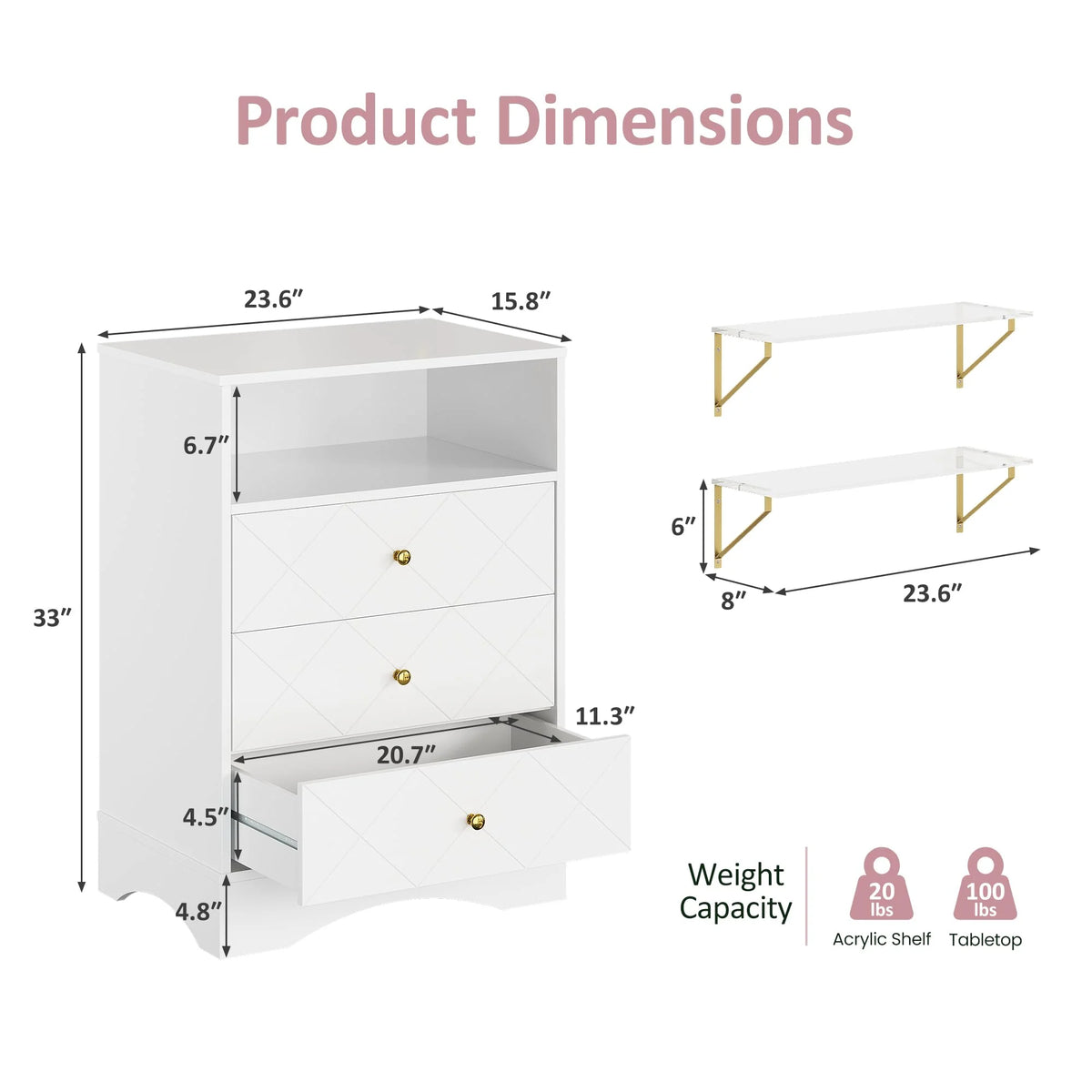 May Color Large White 3 Drawer Dresser Set of 2 with Fluted Panel, Modern Chest of Drawers with Silent Slide Drawers, Wood Accent Nightstand with Storage for Bedroom Living Room, Hallway