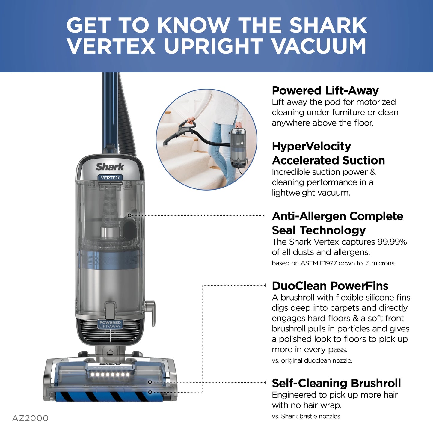 Shark? Vertex DuoClean? PowerFin Upright Vacuum Powered Lift-Away?, Self-Cleaning Brushroll, AZ2000