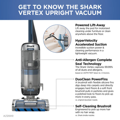 Shark? Vertex DuoClean? PowerFin Upright Vacuum Powered Lift-Away?, Self-Cleaning Brushroll, AZ2000