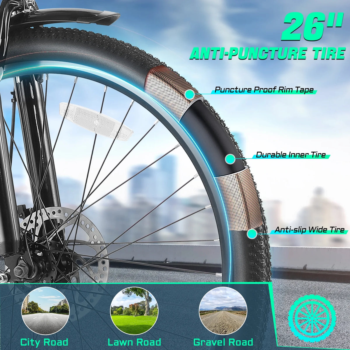 Gocio 26" Electric Bike for Adults, 500W Electric Cruiser Bike, 48V/7.8Ah Removable Battery, 7 Speed, City Commuting E-bike, UL2849