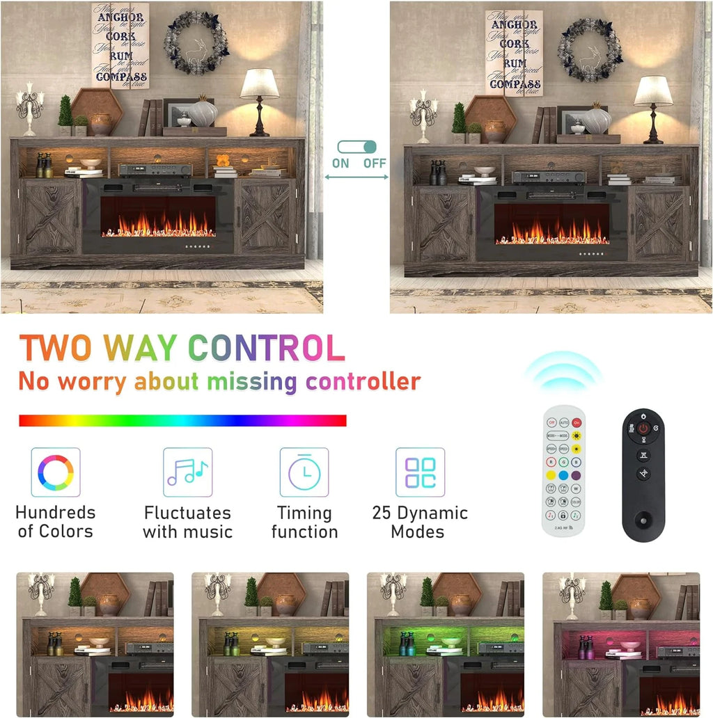 ChVans 70" Fireplace TV Stand for TVs up to 80" with 36" Electric Fireplace, Farmhouse Entertainment Center with LED, Wooden Media Console for Living Room, Bedroom