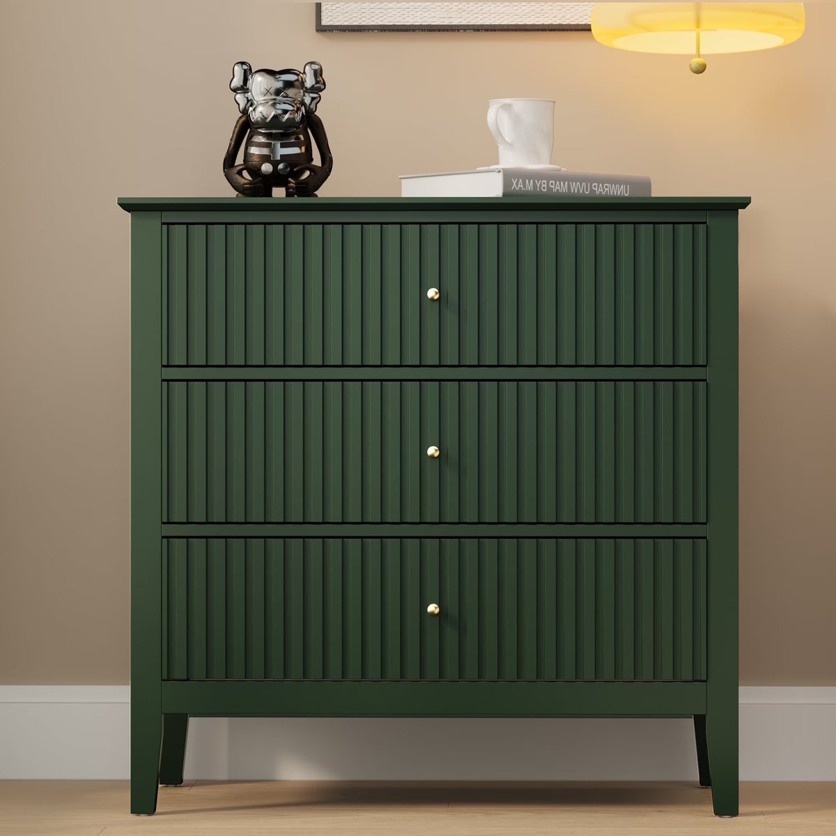 May Color Large White 3 Drawer Dresser Set of 2 with Fluted Panel, Modern Chest of Drawers with Silent Slide Drawers, Wood Accent Nightstand with Storage for Bedroom Living Room, Hallway