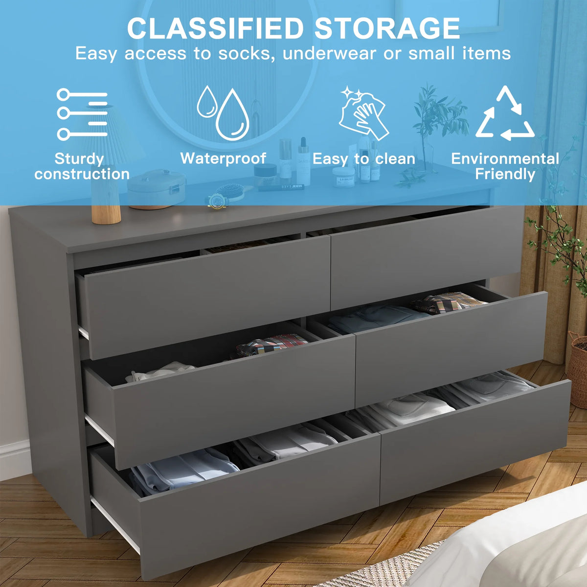 Resenkos Modern Mid Century 6 Drawer Wide Dressers Chests for Bedroom, Chest of Drawer Organizer Grey