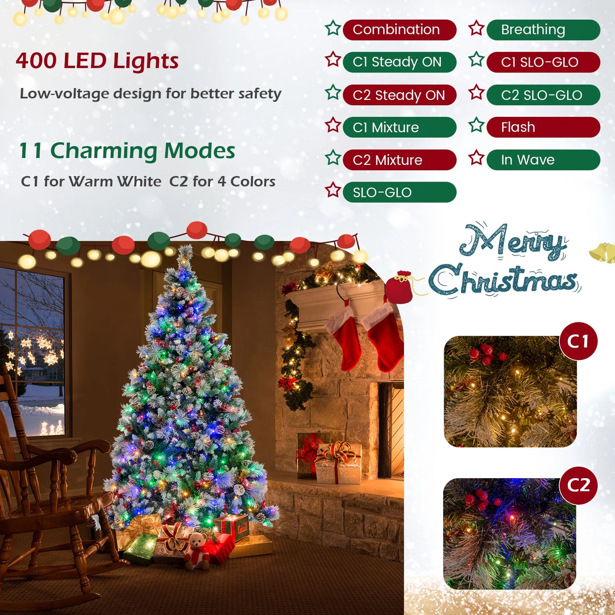 Costway 7 FT Pre-Lit Artificial Christmas Tree Hinged with Pine Needles 400 LED Lights