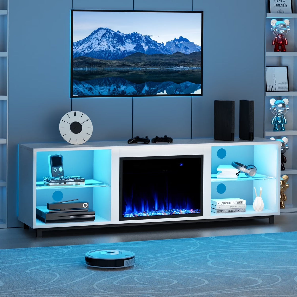 Easoger Fireplace TV Stand, 68'' TV Stand with 23" Electric Fireplace, LED Light Entertainment Center, TV Stands for 80 inch TV, Black