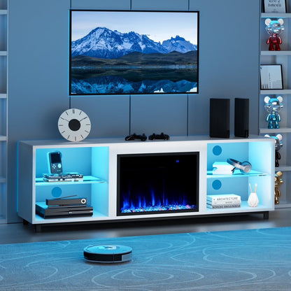 Easoger Fireplace TV Stand, 68'' TV Stand with 23" Electric Fireplace, LED Light Entertainment Center, TV Stands for 80 inch TV, Black