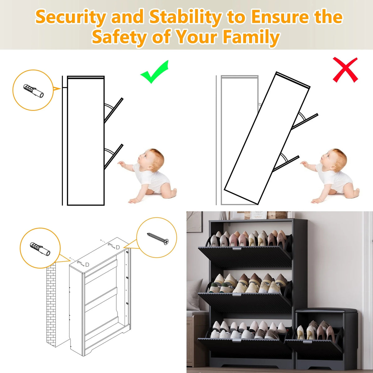 FANRAL Shoe Cabinet with 2 Flip Drawers & Open Storage,Fluted Shoe Storage Cabinet Rack Organizer with Adjustable Shelves for Entryway,Closet,Hallway,White