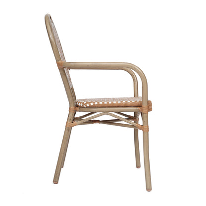 Merrick Lane Stacking Thonet French Bistro Style Chair with Arms, Black & White PE Rattan Seat, and Bamboo Finished Metal Frame for Indoor/Outdoor Use