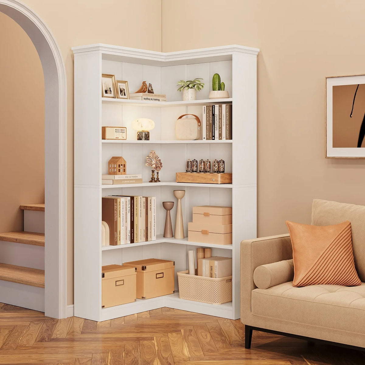 EuKer 5 Tier Corner Bookcase, L-Shaped Bookshelf with Large Storage Capacity for Living Room, Bedroom, Office (Half Panel, Retro Brown)