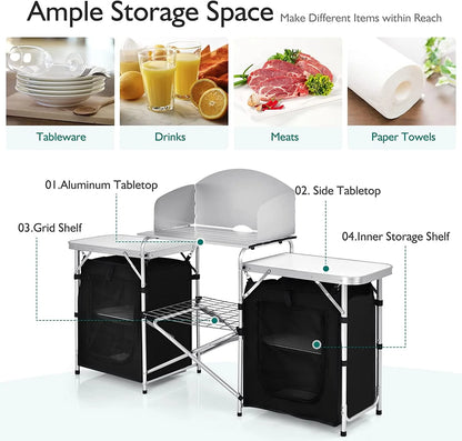 Camping Kitchen Table with Storage, Aluminum Portable Outdoor Cooking Table with Windscreen, Foldable Camp Table Cook Station for BBQ, Grill, Party, Picnics