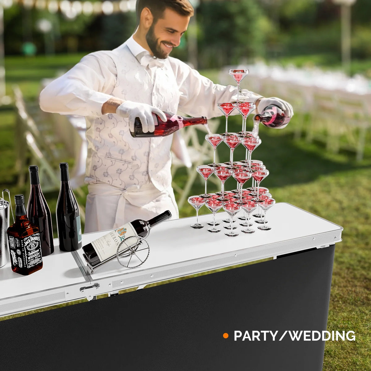 Ktaxon 78" Foldable Bar Table, Mobile Bar with 3-Tier Shelves & Carry Bag - Perfect for Events, Parties, Camping, Picnics, Tradeshows, and Both Outdoor/Indoor Use (Comes with Black Skirt, Black)