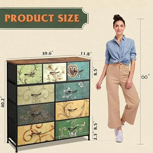 9-Drawer Dresser, Fabric Storage Tower for Bedroom, Hallway, Entryway, Closet, Tall Chest Organizer Unit with Fabric Bins, Steel Frame, Wood Top, Easy Pull Handle, Floral Painted