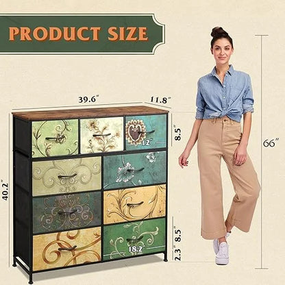 9-Drawer Dresser, Fabric Storage Tower for Bedroom, Hallway, Entryway, Closet, Tall Chest Organizer Unit with Fabric Bins, Steel Frame, Wood Top, Easy Pull Handle, Floral Painted