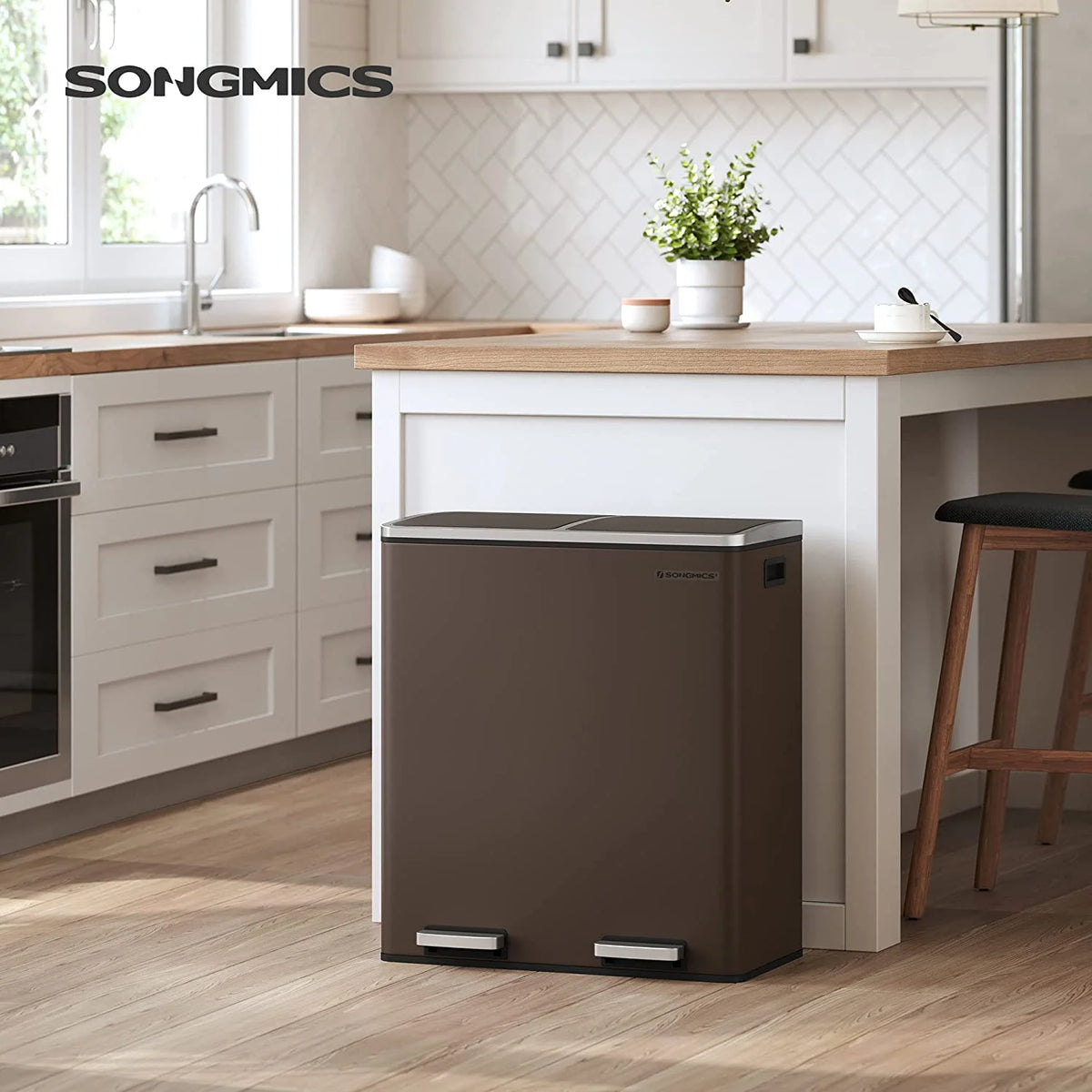 16 Gallon Dual Trash Can, Rubbish Bin and 15 Trash Bags, Metal, Almond Color