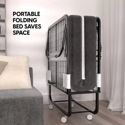 EconoHome Folding Bed with Mattress - 75x31 Cot Size Bed Frame - Portable Foldable Roll Away Adult Bed for Guest - 5-inch Thick Memory Foam Cot Mattress - Space Saving Fold Up Bed for Easy Storage